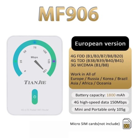 TIANJIE-Router WiFi Universal MF906 4G LTE, batería de 1800mAh, inalám