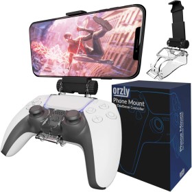Orzly Accesorio PS5 Clip de Juego Compatible con Mandos PlayStation 5 DualSense - Soporte para Teléfono Móvil Ajustable para