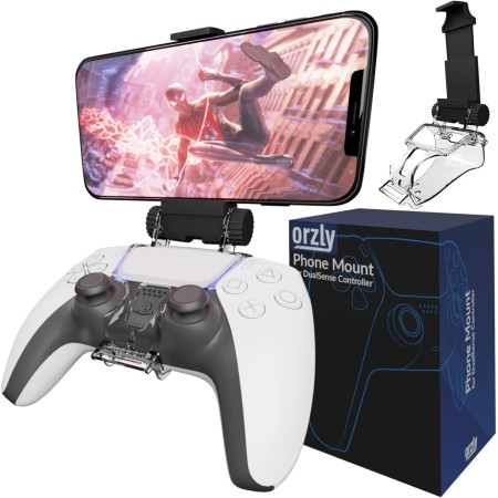 Orzly Accesorio PS5 Clip de Juego Compatible con Mandos PlayStation 5 DualSense - Soporte para Teléfono Móvil Ajustable para