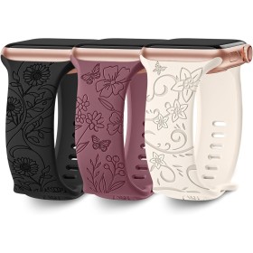 AMSKY 3 Piezas Correas Grabado Floral Compatible con Correa Apple Watch 40mm 46mm 41mm 38mm 42mm 44mm 45mm 49mm Mujer, Correa de