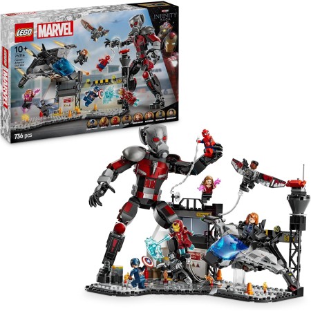 LEGO Marvel Gran Batalla de Capitán América: Civil War, Juguete de Superhéroes con Quinjet y 8 Minifiguras Inc. Capitán América,