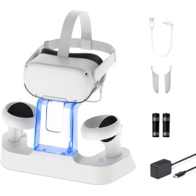 NexiGo Base de Carga Mejorada con Luz LED para Oculus Quest 2, Expositor de Auriculares y Soporte de Controlador, 2 Baterías