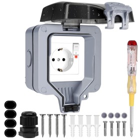 Enchufe Estanco IP66, 3680W Enchufe Exterior Impermeable con Interruptor, 16A Pared Toma de Corriente de Cable y Tapa Abatible,