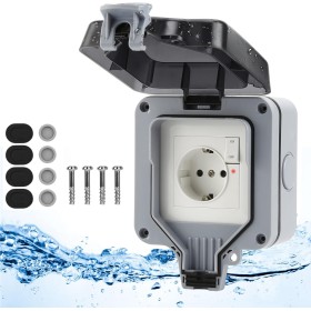 Outinhao Enchufe Exterior Impermeable Ip66, Toma de Pared, con Cubierta Protectora, Interruptor Independiente y Luz Indicadora