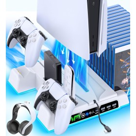 OIVO Soporte para PS5 y PS5 Slim con Cargador Mando PS5, Ventilador PS5 de 3 Velocidades, Soporte Playstation 5 RGB con Ranuras