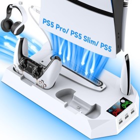 Tokluck Soporte para PS5/ Slim/Pro con Refrigeración y Cargador para PS5 Mando, Ventilador para PS5 Consola de 3 Velocidades con