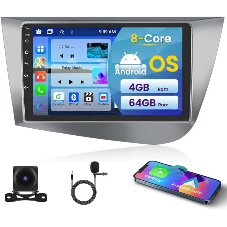 [2+64GB] Inefala Autoradio Android para Seat Leon MK2 2005-2012, 9" Pantalla Radio Coche Bluetooth con Wireless Carplay Android
