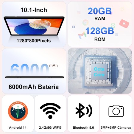 Tablet 10 Pulgadas Android 14 Tablet Niños/Familiar20GB RAM+128GB ROM (TF 1TB), Octa-Core, Widevine L1, 5G WiFi 6, Bluetooth