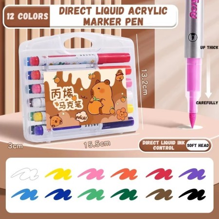 Rotuladores acrílicos Capybara, 72 colores, pincel de doble punta, sum
