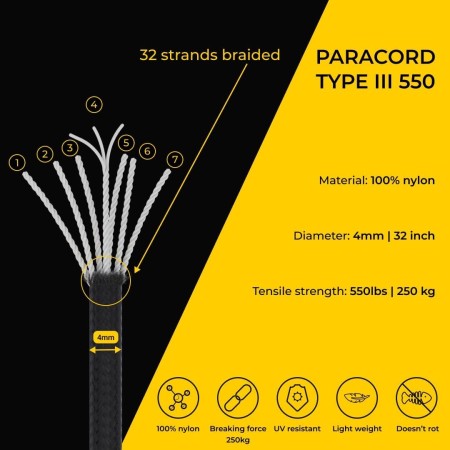 EdcX 4 mm Nylon Paracord 550 30 m (100 pies) - Tipo III, Cuerda 100% Nylon, Cuerda de 7 hebras, Cuerda de Nylon de 4 mm en
