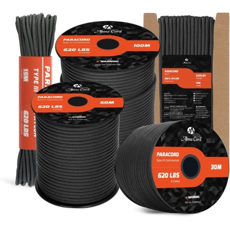 Abma Cord Paracord 4mm 9 Hebras 30m Cuerda de Nylon Cuerda Paracord Tipo III 620lbs - MAX. 280 kg - Negro