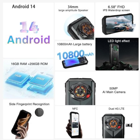 DOOGEE S Punk Telefono Movil Irrompible Android 14,16GB+256GB(TF 1TB), 10800mAh Batería 33W, 6.58”Pantalla FHD+, Cámara