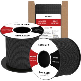 Brotree 2mm Paracord 3 Hebras 50M 100% Nylon Cuerda de Paracaídas para Al Aire Libre, Artesanía, Bricolaje - 90kg Carga de