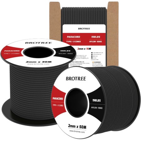Brotree 2mm Paracord 3 Hebras 50M 100% Nylon Cuerda de Paracaídas para Al Aire Libre, Artesanía, Bricolaje - 90kg Carga de