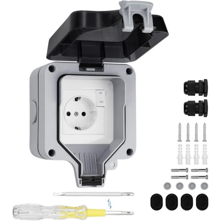 SHYOSUCCE Enchufe de Exterior Doble, Toma de Corriente IP66 con Interruptor, Conector de Cable y Tapa Abatible, Enchufes