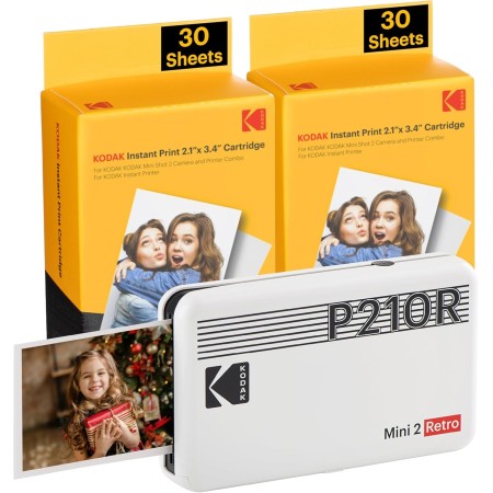 Kodak Mini 2 Retro 4Pass, Impresora Fotográfica + 68 Fotos, Fotos Instantáneas Tamaño 54X86mm, Conexión Inalámbrica Bluetooth -