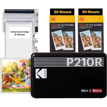 Kodak Mini 2 Retro 4Pass, Impresora Fotográfica + 68 Fotos, Fotos Instantáneas Tamaño 54X86mm, Conexión Inalámbrica Bluetooth -