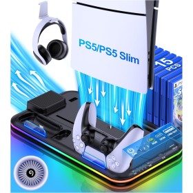 ALEEMTRY Soporte para PS5 Slim con ventilador de 3 niveles, luz RGB, almacenamiento de 15 juegos, soporte para PS5, soporte para