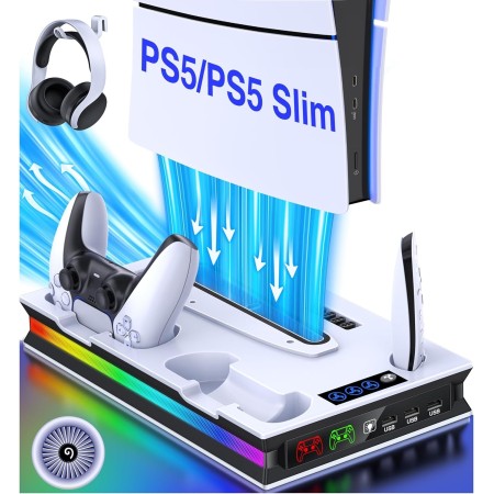 ALEEMTRY Soporte para PS5 Slim con ventilador de 3 niveles, luz RGB, almacenamiento de 15 juegos, soporte para PS5, soporte para