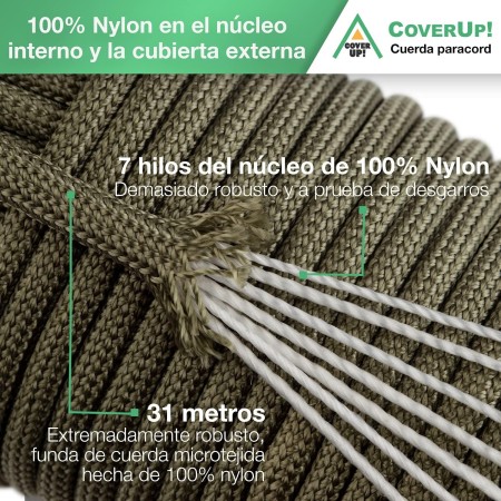 CoverUp! Cuerda Paracord 550 de 7 Hilos - Cuerda Resistente - 31 Metros de cordino Paracord con una Cubierta de Cuerda
