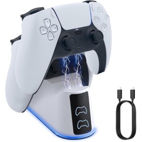eSynic Cargador Mando para PS5 y PS5 Edge con Iluminación Ambientales Geniales e Indicadores de Luz LED Base de Carga con Cable