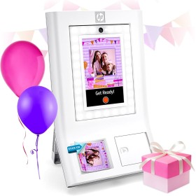 HP Sprocket Photobooth Impresora de Fotos 3x4” (Blanco) – 250+ Marcos, impresión en Papel Zink, Wi-Fi, luz LED, Pantalla táctil