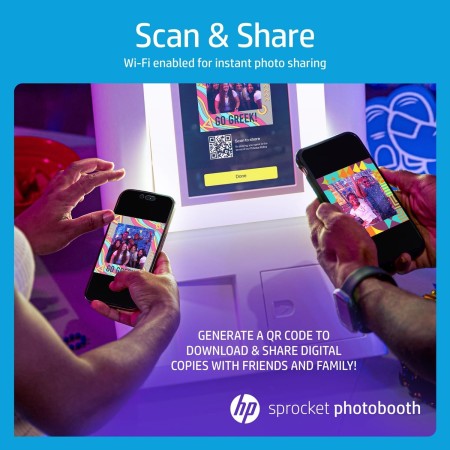 HP Sprocket Photobooth Impresora de Fotos 3x4” (Blanco) – 250+ Marcos, impresión en Papel Zink, Wi-Fi, luz LED, Pantalla táctil