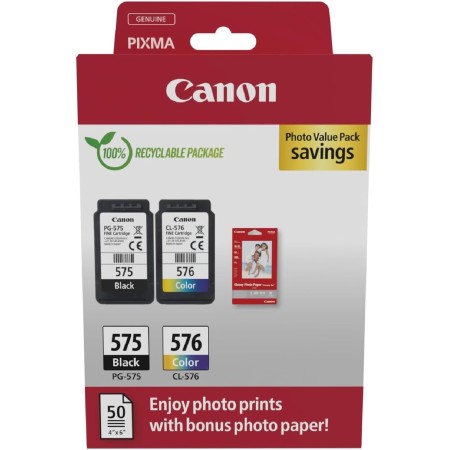 Canon Tinta y Papel - PG-575 + CL-576 - Pack de 2 Cartuchos Originales - (x 1 Negro, x 1 Tricolor) + Papel fotográfico 10 x 15