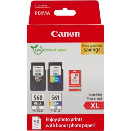 Canon Tinta y Papel Multipack - PG-560XL/CL-561XL Cartuchos de Tinta Genuinos 2 Pack (1 x Negro XL, 1 x Color XL) & Papel