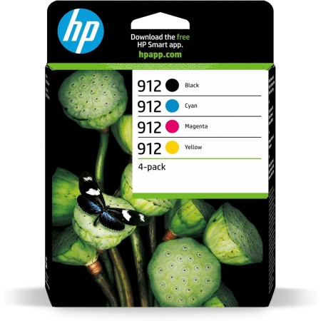 HP 912 6ZC74AE, Negro, Cian, Magenta y Amarillo, Cartuchos de Tinta Originales, Pack de 4, para impresoras HP OfficeJet