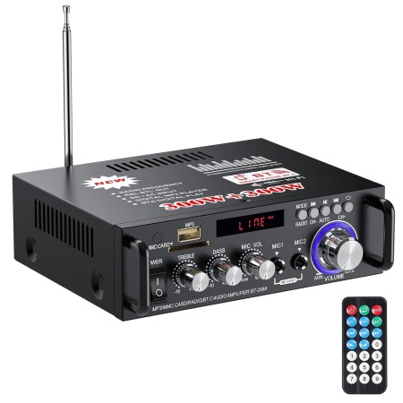PROZOR Amplificador de Audio 800W HiFi Estéreo Bluetooth 5.0 Sonido Digital Radio FM Tarjeta TF SD Dos Microfonos para