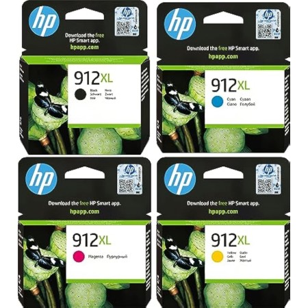 HP 912XL 3YP34AE, Negro, Cian, Magenta y Amarillo, Cartuchos de Tinta de Alta Capacidad Originales, Pack de 4, compatible con