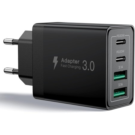 Aioneus Cargador USB C, 40W 4-Puertos USBC Enchufe Cargador iPhone Carga Rapida, Múltiple Cargador QC3.0 y PD Rápido Pared