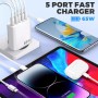 YIIFELL - Cargador USB C, 65 W, 5 puertos, cargador USB C con cargador rápido inteligente QC 3.0, adaptador de alimentación USB