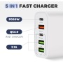 YIIFELL - Cargador USB C, 65 W, 5 puertos, cargador USB C con cargador rápido inteligente QC 3.0, adaptador de alimentación USB