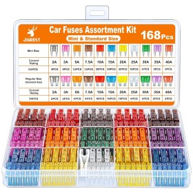 JOREST 168 Pcs 12v Fusibles Coche Kit, 114 Mini Fusibles Coche + 54 Mediano Fusibles Coche + 1 Clip para Fusibles - para