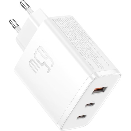 Baseus - Cargador USB C, 65 W, Fuente de alimentación de 3 Puertos PD, con PPS, Cargador rápido GAN Compatible con MacBook