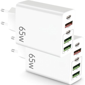 Pack 2 Cargador USB C Carga Rápida - Múltiple 5 Puertos - Enchufe Multiple 65 W - Adaptador Compatible Con Samsung, iPad,