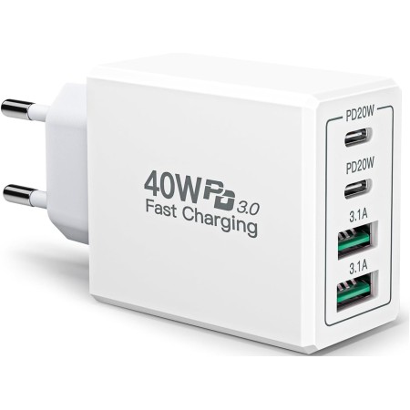 Aioneus Cargador USB C 40W 4 Puertos, Carga Rápida PD 3.0 Con Tipo-C USB-A, Para iPhone 15 14 13 12 11 XR XS Pro MAX, Samsung,