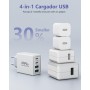 Aioneus Cargador USB C 40W 4 Puertos, Carga Rápida PD 3.0 Con Tipo-C USB-A, Para iPhone 15 14 13 12 11 XR XS Pro MAX, Samsung,