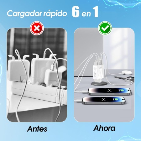 3-Stars - Cargador de 150W con 6 Puertos - 2 Tipo C y 4 Tipo A - Carga Rápida QC 3.0 - Compatible con Dispositivos iPhone,