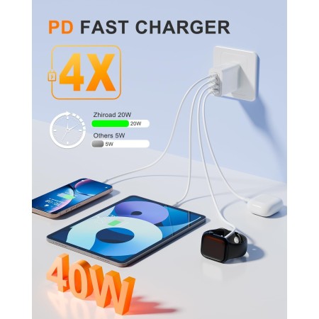 Cargador USB C, 40W Cargadors Rapido 4 Puerto, Cargadors Carga Rapida QC 3.0, Cabezal Cargador Tipo C para iPhone 16 15 14 13,