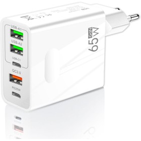 3-Stars - 2025 - Cargador de 65W con 5 Puertos USB - 2 Tipo C y 3 Tipo A - Carga Rápida QC 3.0 - Compatible con Samsung, iPhone,
