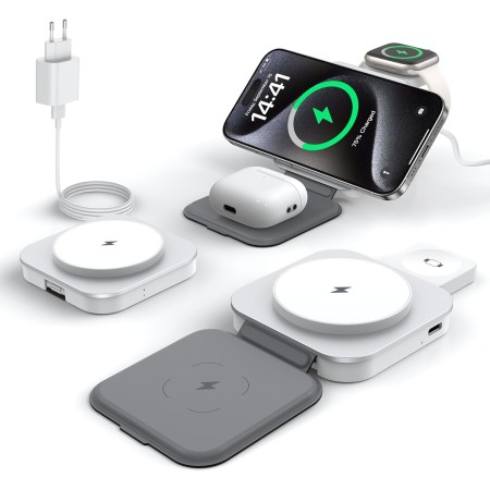 KEEPRO Cargador Pare iPhone Carga Rapida, Cargador Inalámbrico 3 en 1 Plegable para iPhone 16/15/14/13/12 Serie, AirPods