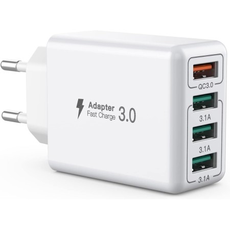 Cargador USB, Adaptador de Carga USB de 4 Puertos con Adaptador rápido Smart QC 3.0 de 33W, Cargador multipuerto Compatible con