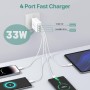 Cargador USB, Adaptador de Carga USB de 4 Puertos con Adaptador rápido Smart QC 3.0 de 33W, Cargador multipuerto Compatible con