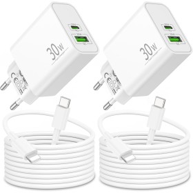 30W 2-Puerto Cargador Carga Rapida para iPhone 14 13 12 11 Pro MAX Plus Mini XS XR X SE 8 7 6, for AirPods/iPad, Rapido USB-C