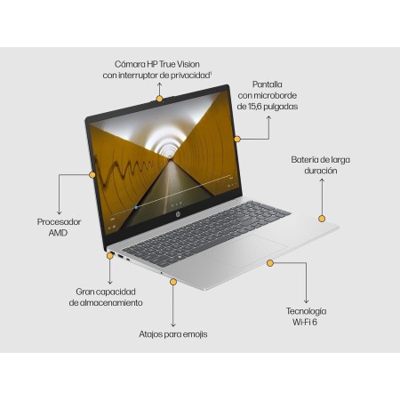 HP 15-fc0152ns - Ordenador portátil de 15.6" FHD AMD Ryzen 7-7730U, 16 GB RAM, 512GB SSD, AMD Radeon Graphics, Windows 11 Plata