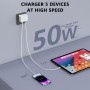 Cargador USB C Charger Cargador Rapido 50W 5 Puertos Bloque de Carga rápida, multicargador USB Carga rapida, Conector de Pared