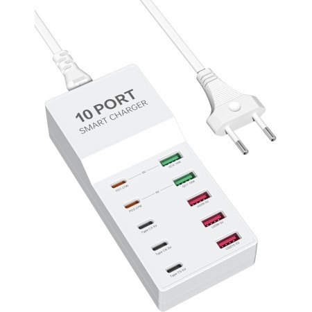 Cargador USB Multiple, Binamao 50W Cargador USB Carga Rapida 10 Puertos Cargador Movil, USB-A Estación de Carga, USB Charging